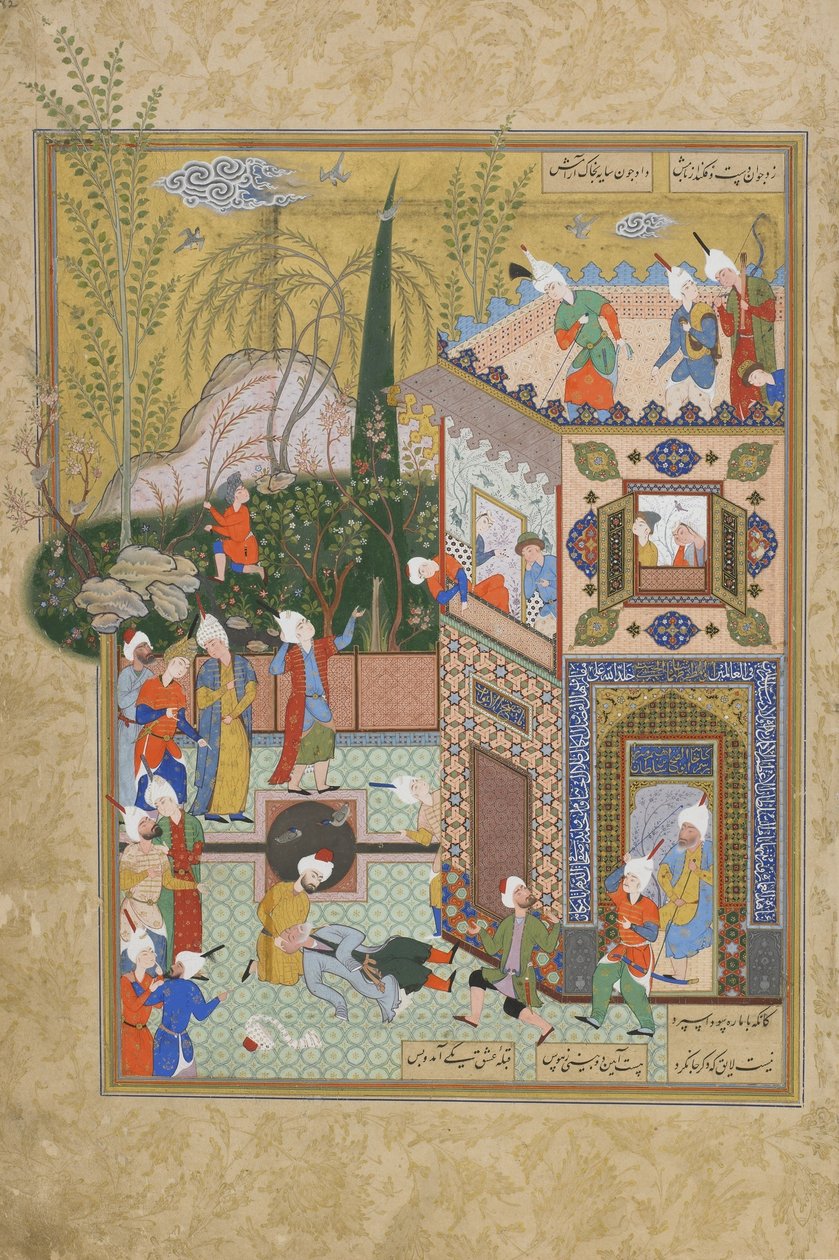The Fickle Old Lover is Knocked Off the Rooftop, folio från en Haft awrang (sju troner) av Jami (d.1492) troligen Mashad, Khurasan, Iran, Safavid-dynastin, 1556-1565 (bläck, ogenomskinlig akvarell och guld av Persian School