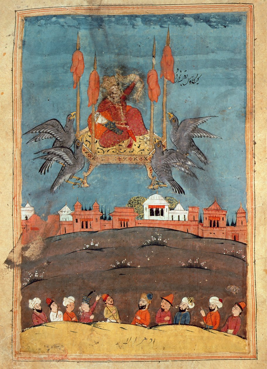 Den flygande mattan, från dikten "Layla and Majnun" av Nizami (gouache på papper) av Persian School
