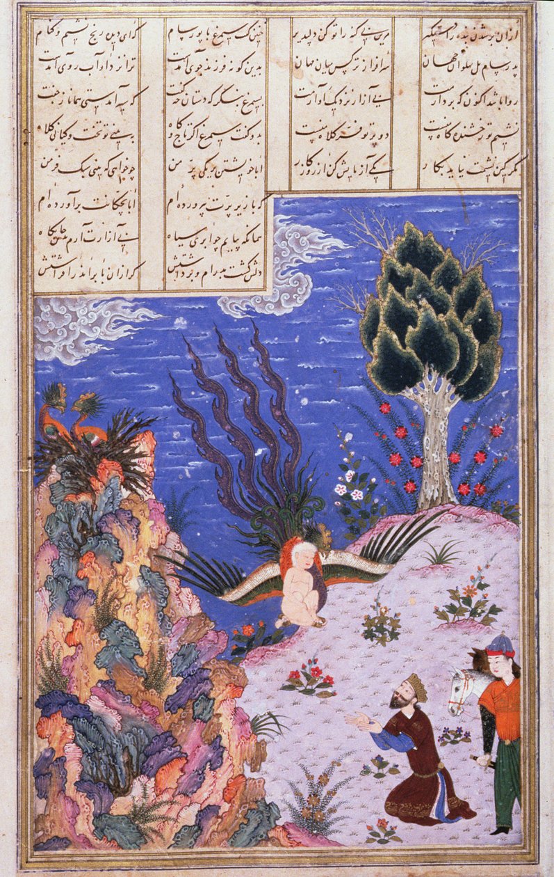 Simurgh återställer barnet Zal till sin far Sam, illustration från Shahnama (Kungarnas bok), av Abul-Qasim Manur Firdawsi (c.934-c.1020) c.1440-45 (penna, bläck & wc på veläng) av Persian School