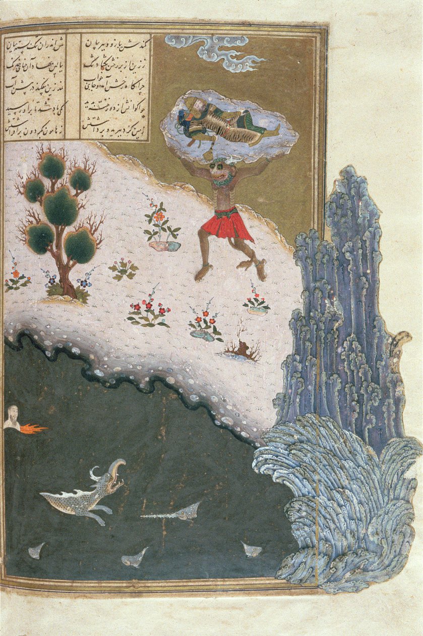 Den sovande Rustam som bärs genom luften av demonen Akwan, illustration från Shahnama (Kungarnas bok), av Abul-Qasim Manur Firdawsi (c.934-c.1020) c.1440-45 (penna, bläck & wc på veläng) ) av Persian School