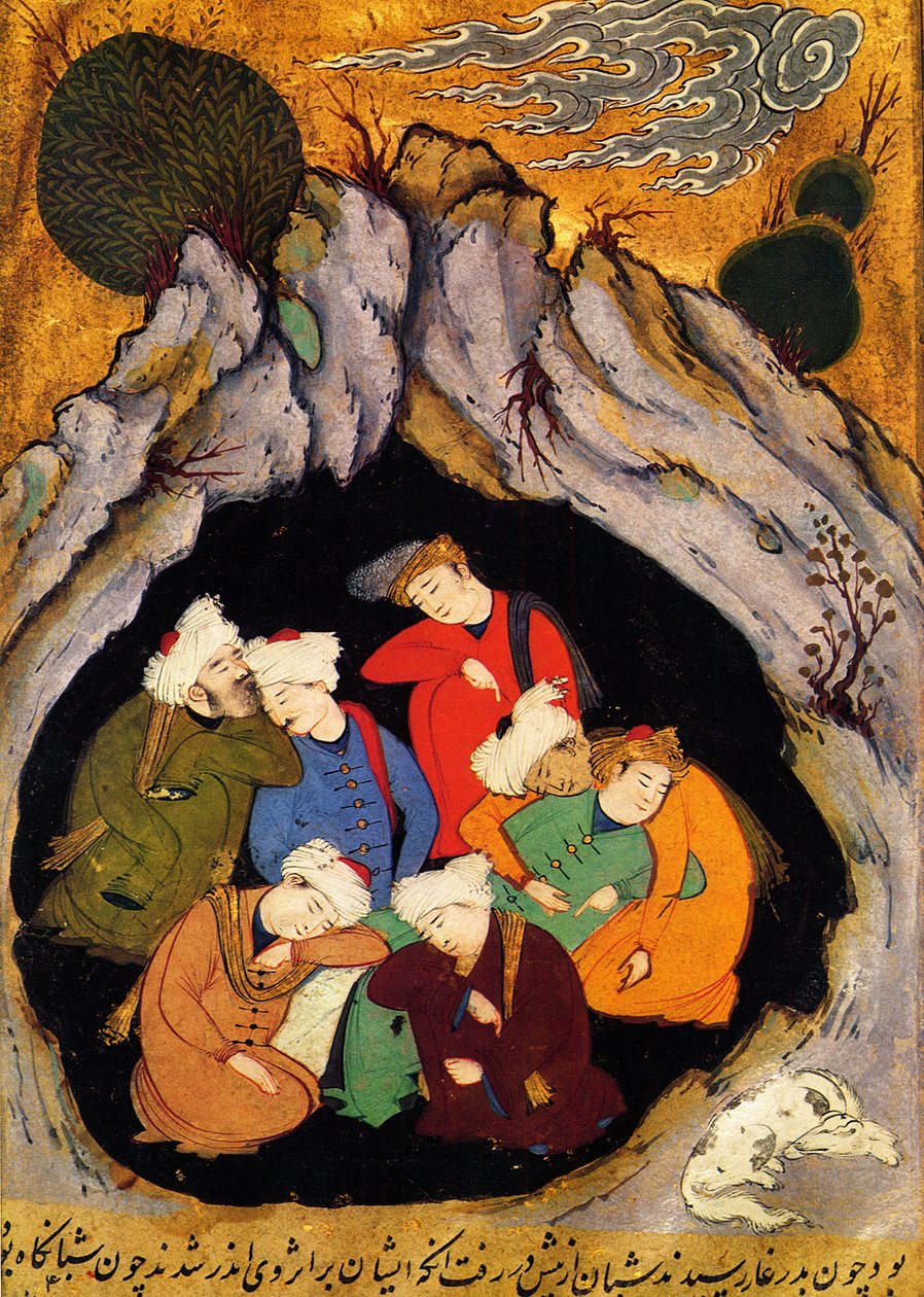 “The Sleeping Seven of Efesus” ”från“ The Golden Legend ”av Jacobus (James) de Voragine (1228-1298). Xilography of the XVI Century. 1500-talets persiska miniatyr av manuskriptet” Profetens historia, cirka 1550, cirka 1550 av Persian School
