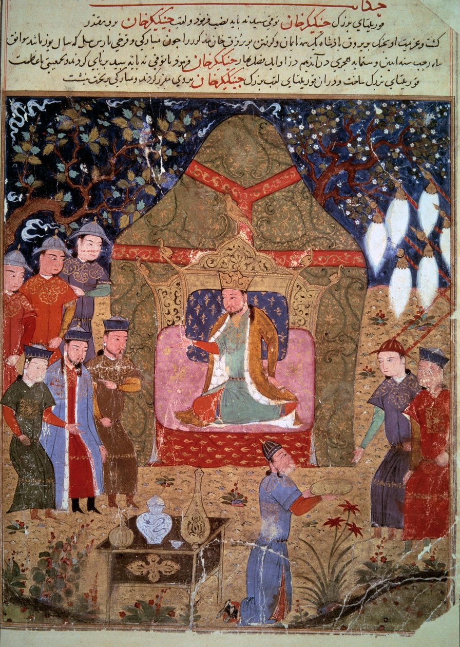 Mongoliska kejsaren Djingis Khans (1162-1227) hov, representerande det persiska miniatyrcentret från "Jami al-Tawarikh" (Jami al-Tawarikh) (eller Universal History) av historikern Rashid al-Din (al Din) (1247-1318) ), cirka 1430. Paris, B.N. av Persian School