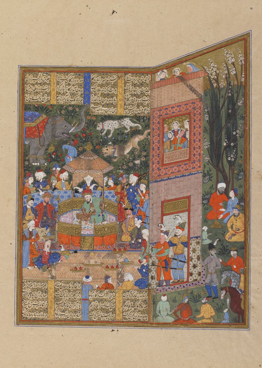 Salms och Turs sändebud före Faridun, ca 1560 (ogenomskinlig akvarell, bläck och guld på papper) av Persian School