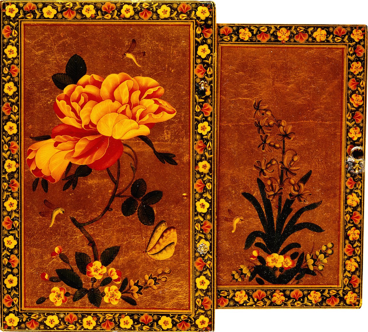Framsidan och baksidan av ett spegelhus målat med en hyacint respektive en ros, 1600-talet av Persian School
