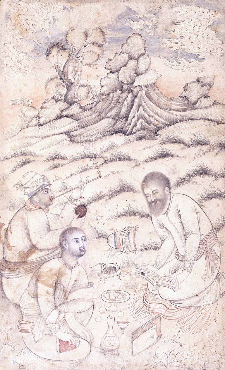 Tre unga män i ett landskap, ca. mitten av 1600-talet av Persian School