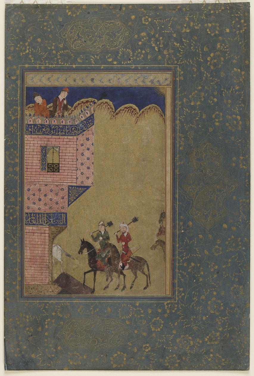 Två ryttare som bär maces närmar sig ett slott, c.1417-18 av Persian School