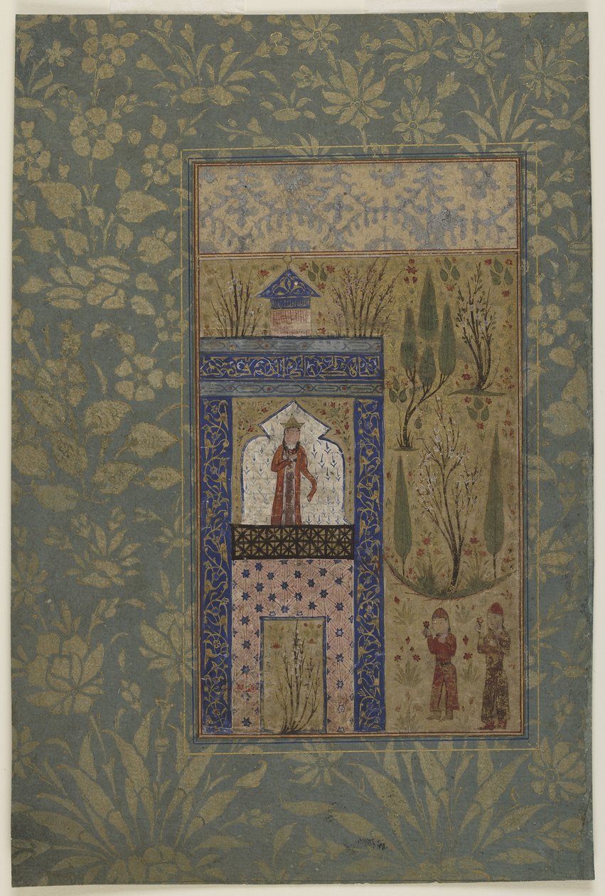 Två ungdomar före en prinsessa vid ett fönster, ca 1417-18 (ogenomskinlig akvarell och guld på papper) av Persian School