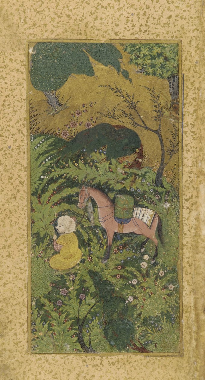Väntande brudgum med häst i trädbevuxen lund, troligen Tabriz, turkomanska dynastin, ca 1500 (ogenomskinlig akvarell och guld på papper) av Persian School