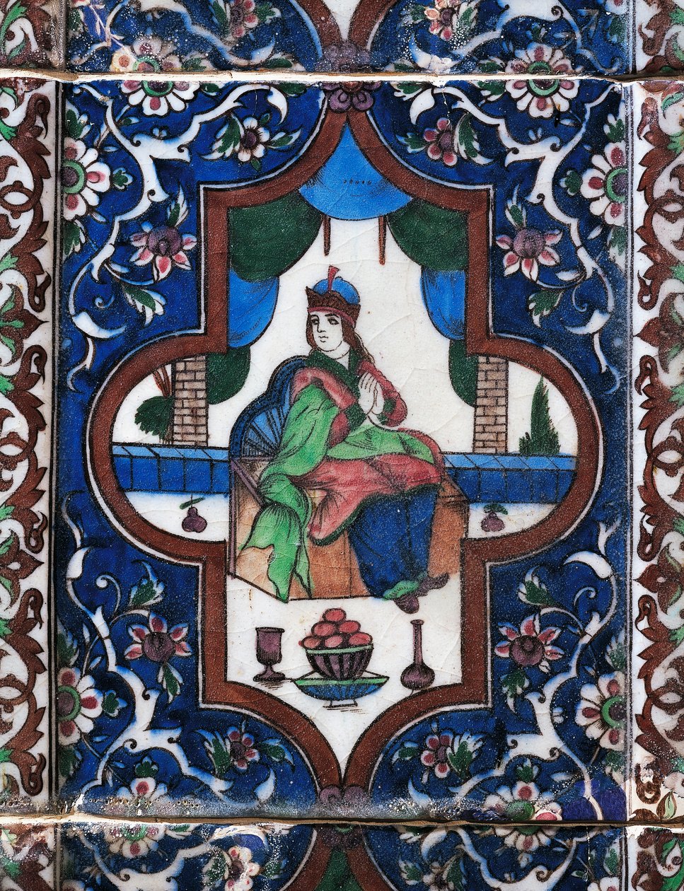Kvinna sitter, målade keramiska plattor, persisk civilisation av Persian School