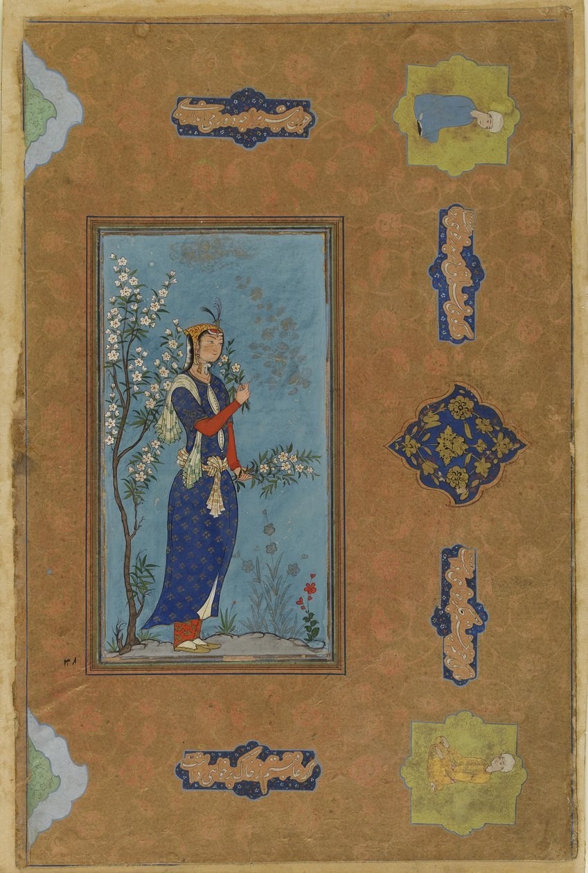 Kvinna med en spray av blommor, ca 1575 (ogenomskinlig akvarell och guld på papper) av Persian School