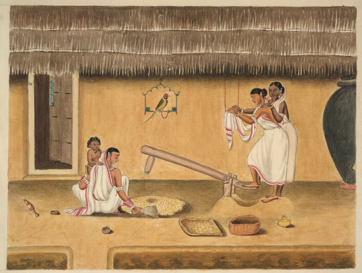 Kvinnor som skalar paddy med en dhenki, ca 1840 (akvarell på papper) av Persian School