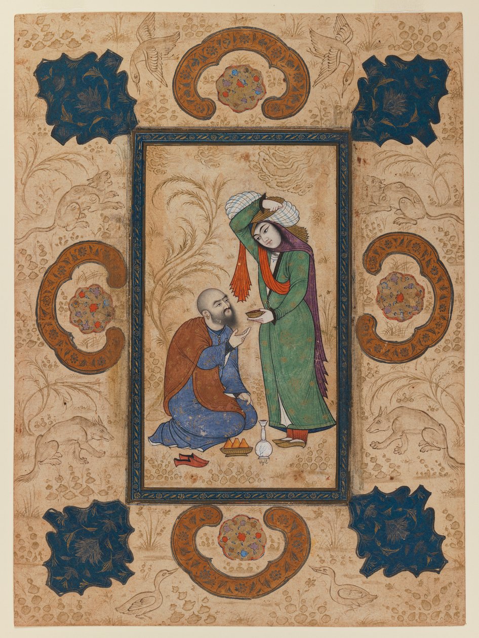 Ung kvinna erbjuder vin till en visman (bläck & ogenomskinlig wc på papper) av Persian School