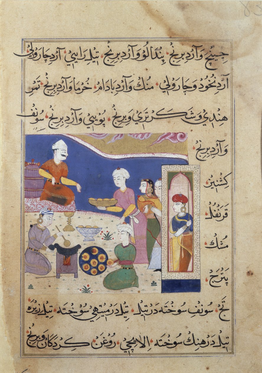 f.83v Beredning av godis för sultanen av Mandu, från ett manuskript om indisk matlagning (vellum) av Persian School