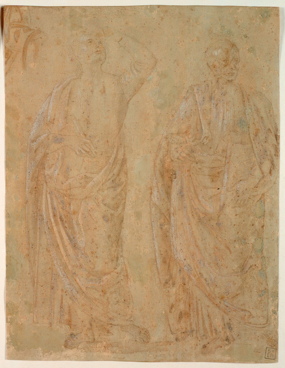 Två stående draperade mansfigurer av Perugino