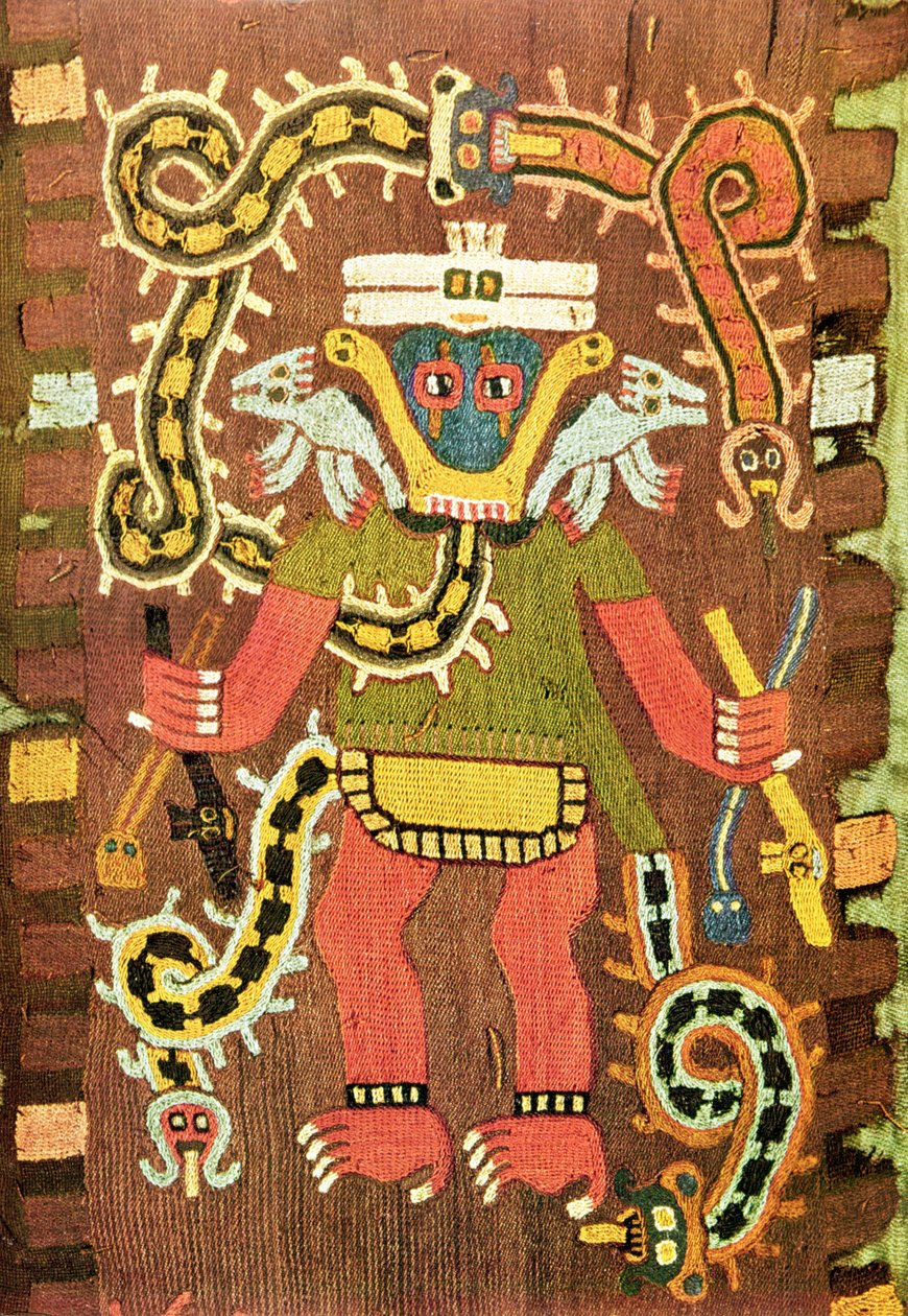 Broderad mytologisk figur, Paracas Necropolis Style av Peruvian School