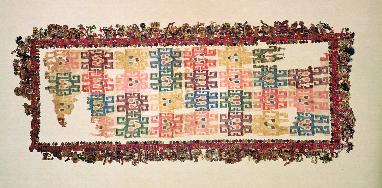 Mantelfragment, kända som The Paracas Textile, Nazca Culture, 200-600 AD (bomull och ull) av Peruvian School
