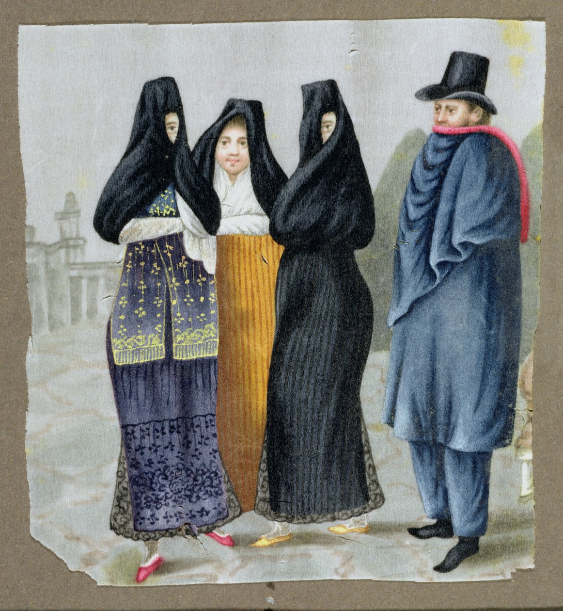 On the Streets of Lima, c.1820 (wc på märgpapper) av Peruvian School