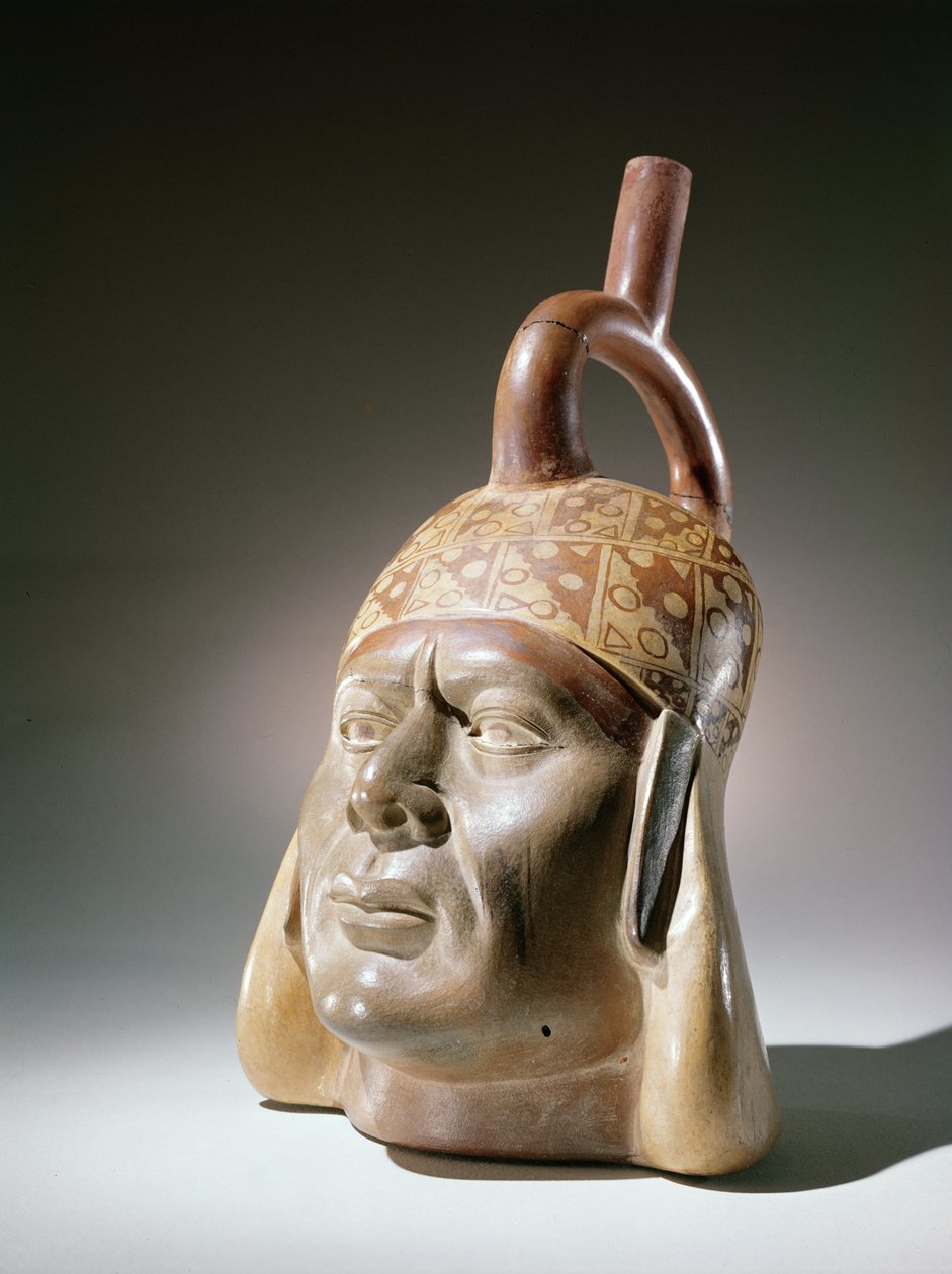 Porträttkärl för keramik, Mochica (lergods och färg) av Peruvian School