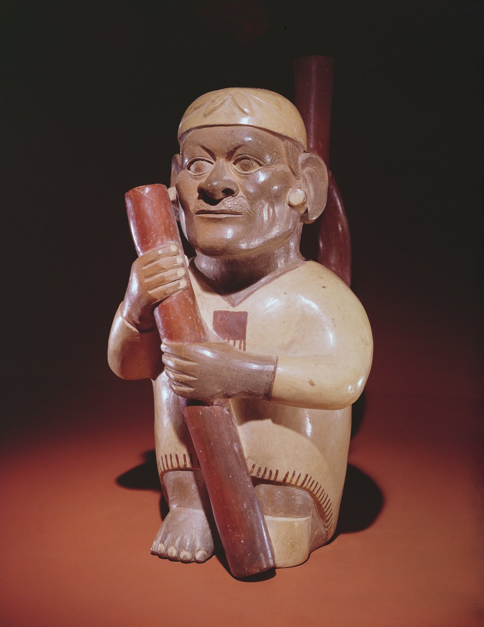 Sittande enbent man, Mochica Culture (lergods) av Peruvian School