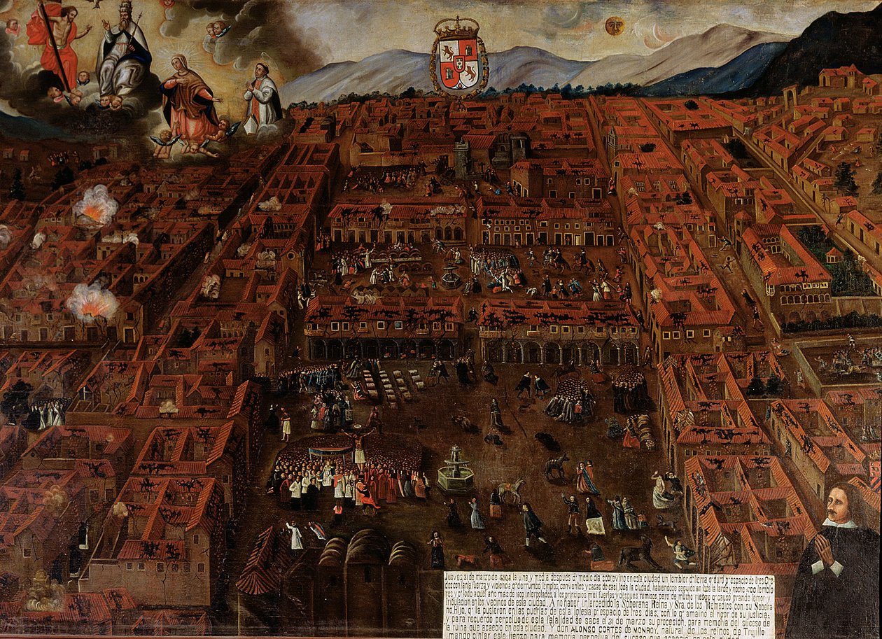 Utsikt över Cuzco vid tidpunkten för jordbävningen 1650 av Peruvian School