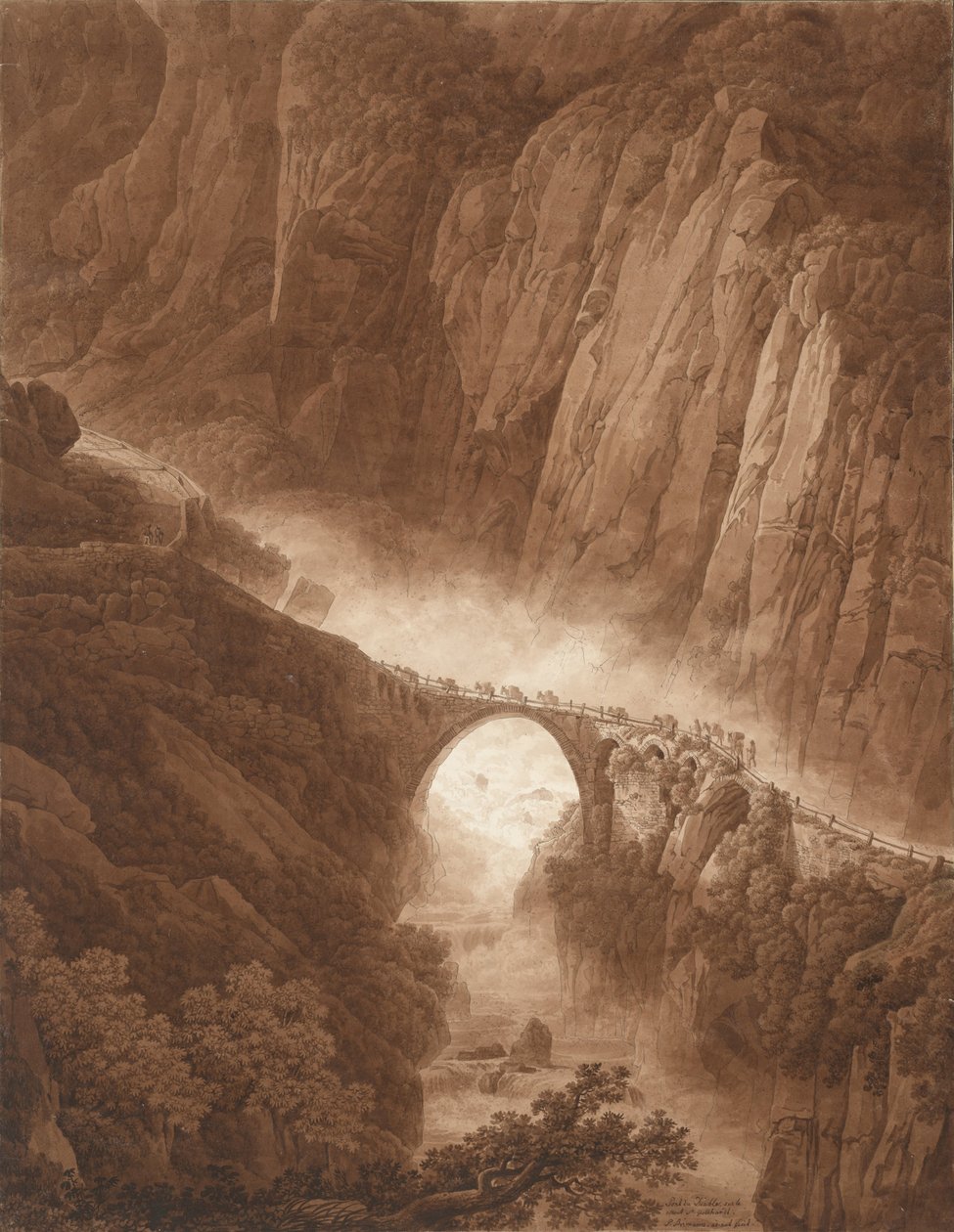 Devils Bridge i Schöllenen -ravinen på vägen över St. Gotthard -passet med ett Mule Train, före 1805 av Peter Birmann