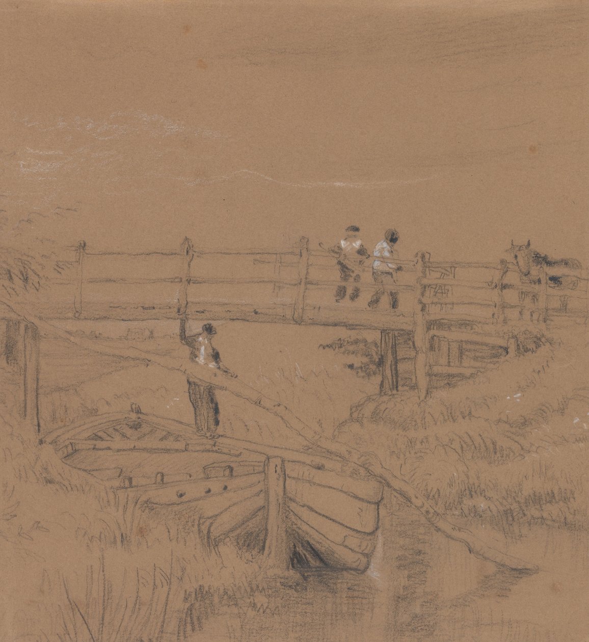 Bridge over a stream with figures av Peter de Wint