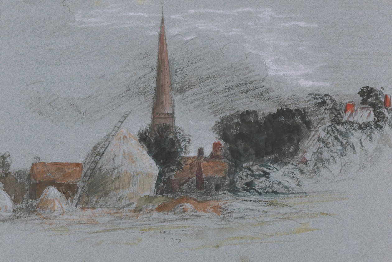 Landskapsstudie - en höstack nära en kyrka av Peter de Wint