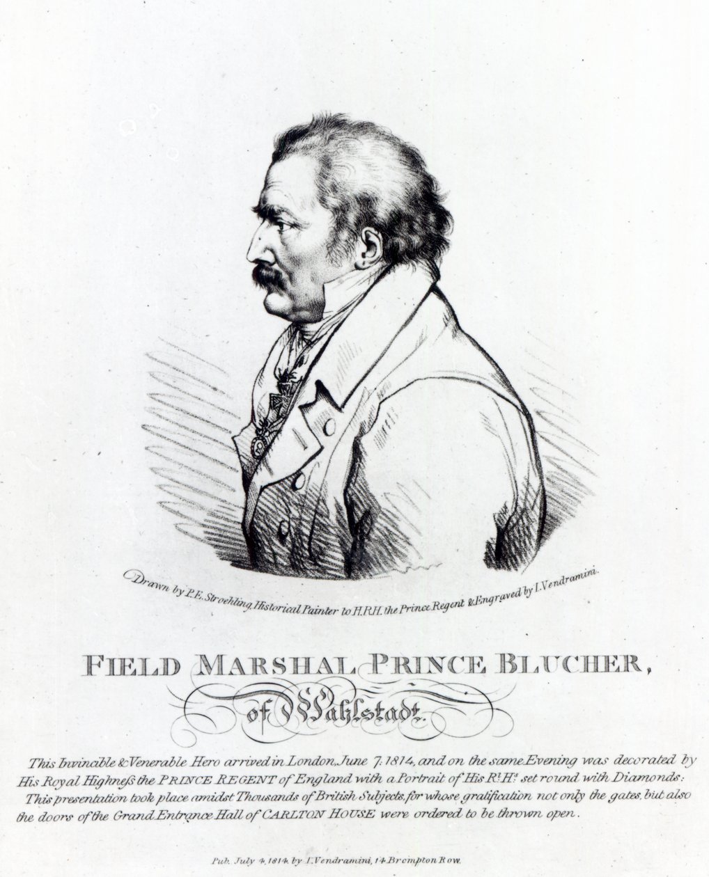 Fältmarskalk prins Blücher av Wahlstadt, graverad av J. Vendramini, 1814 av Peter Eduard Stroehling