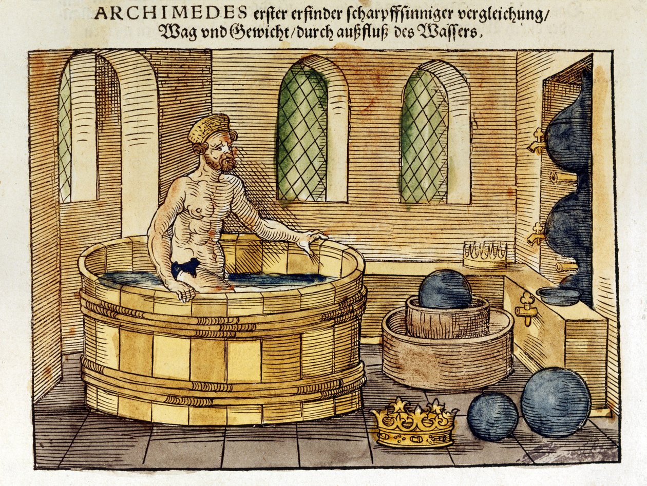 Arkimedes (ca 287-212 f.Kr.) grekisk matematiker och uppfinnare, i sitt bad, 1547 (handkolorerat träsnitt) av Peter Flötner