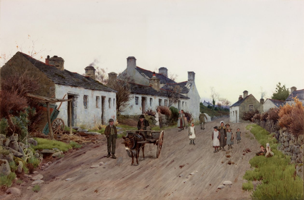 A Welsh Village - Evening (kroppsfärg, penna och wc på papper) av Peter Ghent