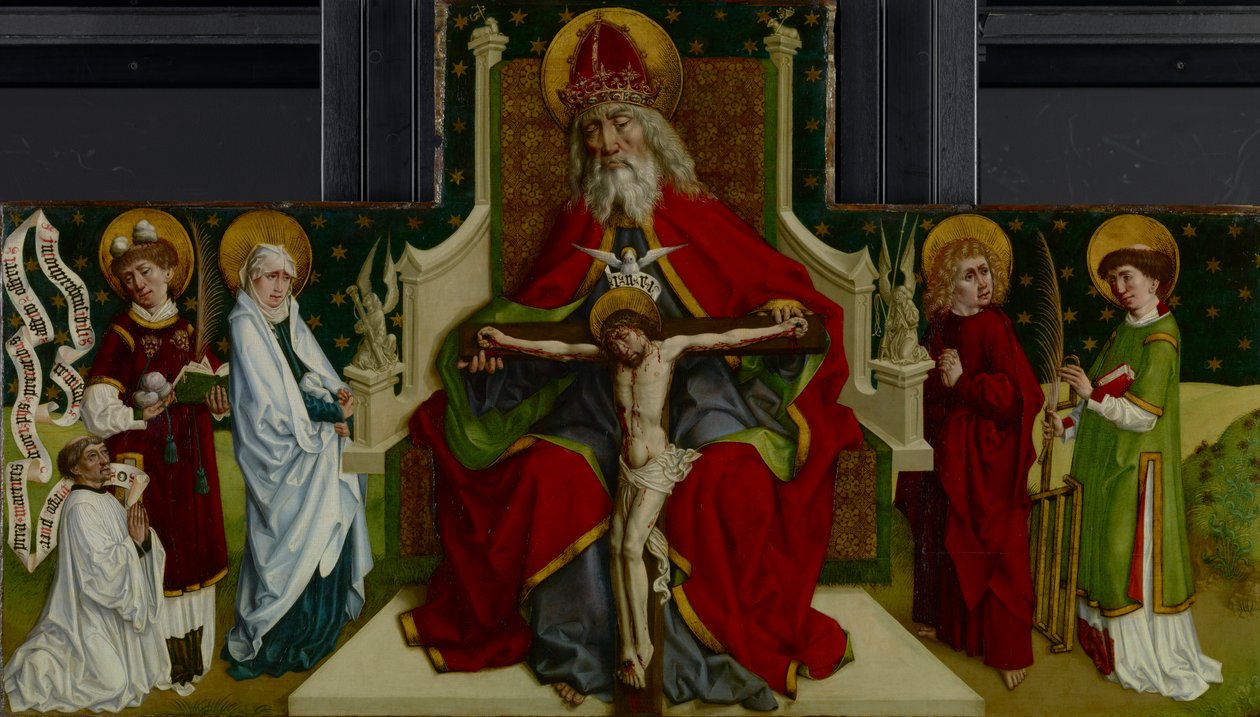 Treenigheten med jungfrun, de heliga Johannes evangelisten, Stephen och Lawrence och en givare, 1479 av Peter Hemmel