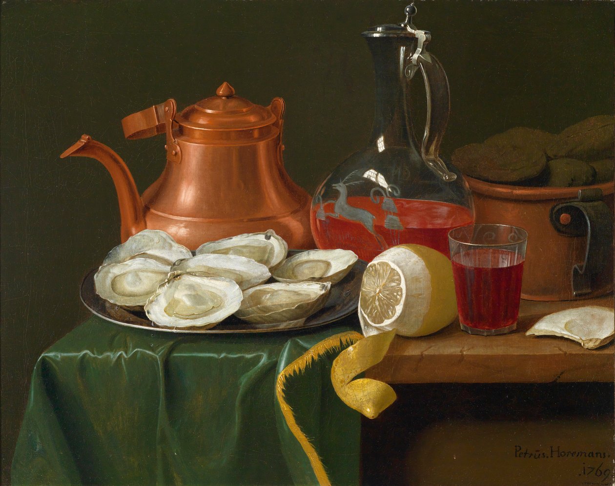 Stillleben mit Austern, einer Zitrone, einer Karaffe mit Wein und einem Kupferkrug av Peter Jacob Horemans