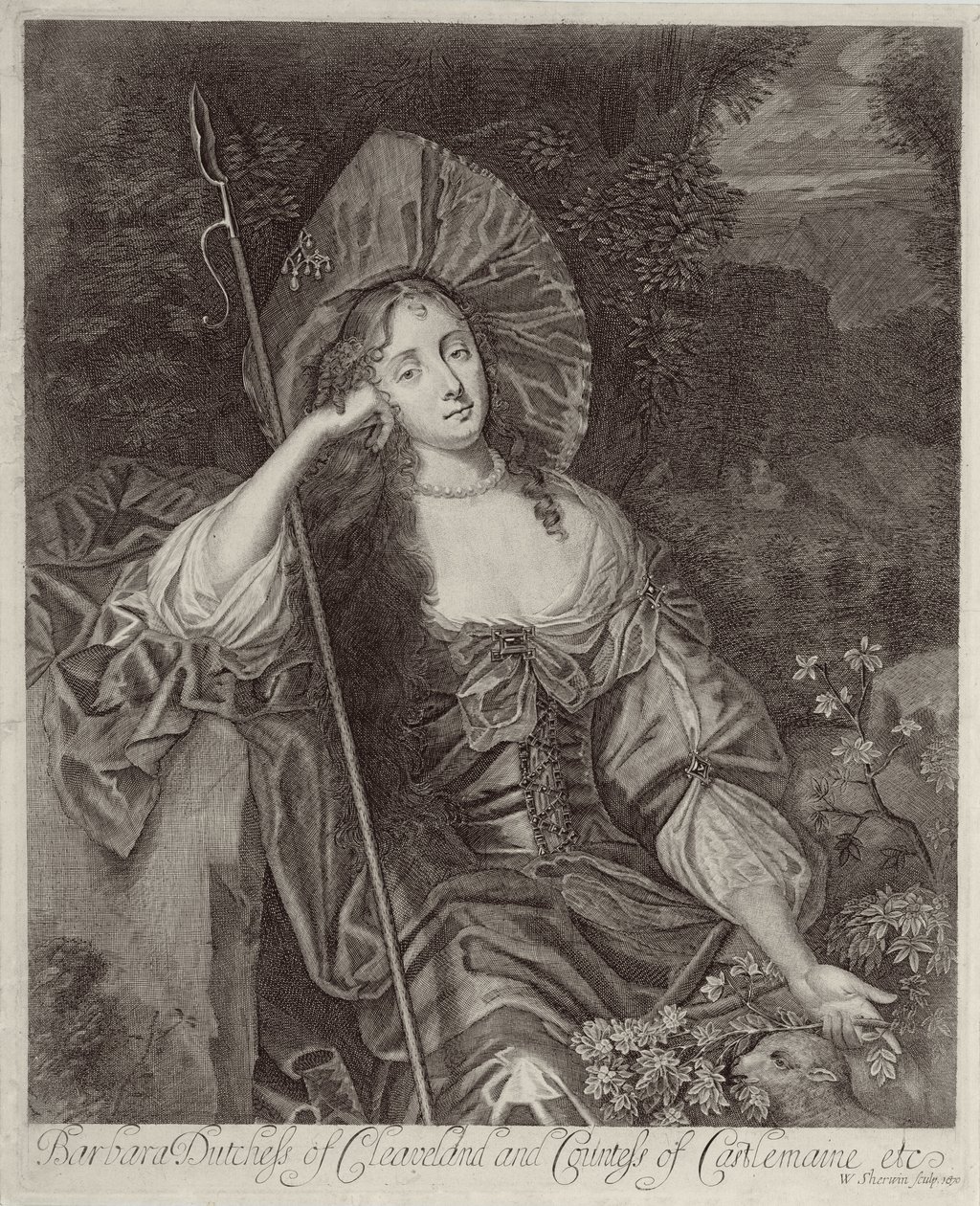 Barbara hertiginna av Cleaveland (1641-1709) som en herdinna graverad av William Sherwin (1645-1711), 1670 av Peter Lely