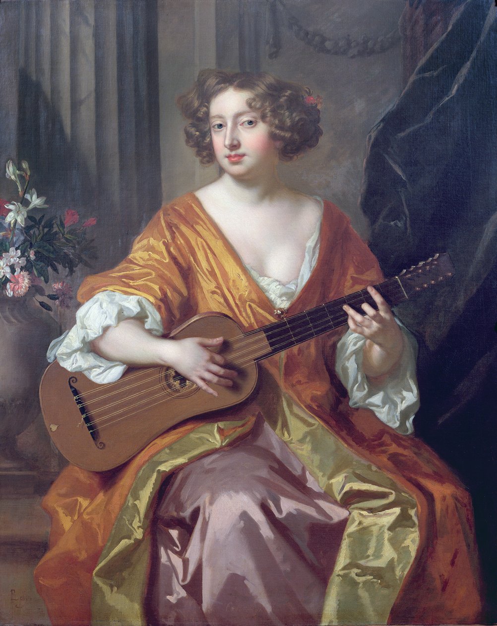 Porträtt av fru Moll Davies, älskarinna till Charles II, blommor målade av Jean Baptiste Monnoyer (1636-69) av Peter Lely