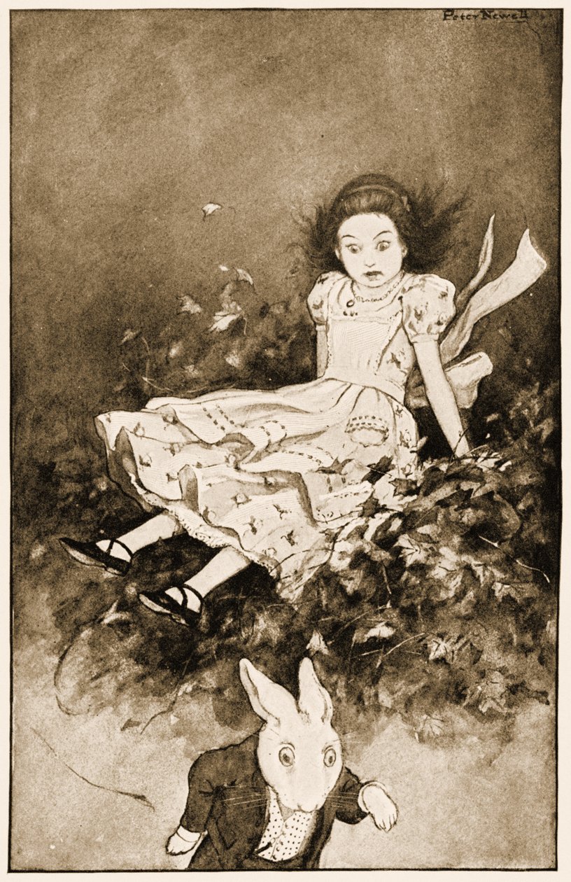 Hon kom ner på en hög med torra löv, illustration till Lewis Carrolls Alices Adventures in Wonderland, 1901. av Peter Newell