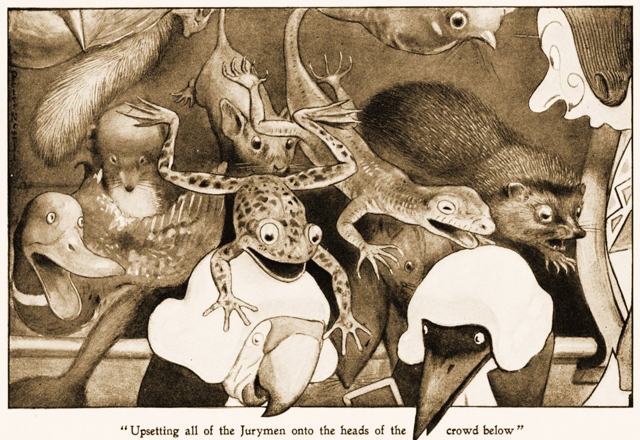 Upprörde alla jurymän på huvudet av publiken nedan, illustration för Lewis Carrolls Alices Adventures in Wonderland, 1901 av Peter Newell