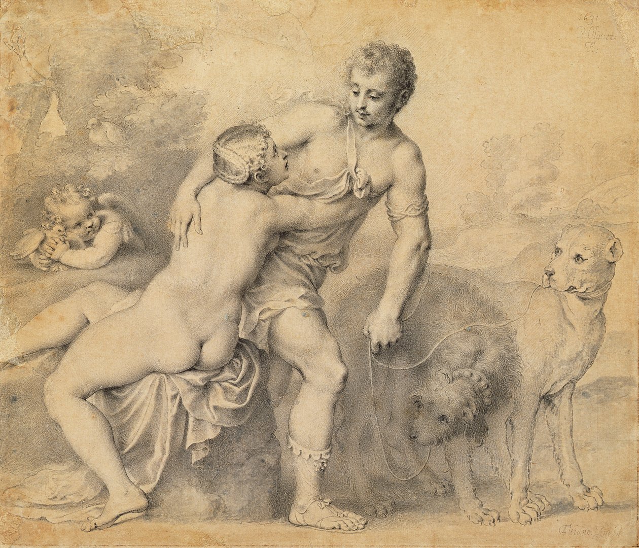 Venus och Adonis, 1631 (penna och bläck med tvätt på papper) av Peter Oliver