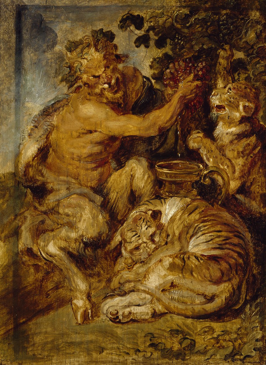 En satyr som pressar druvor med en tiger och leopard, c.1618 av Peter Paul Rubens