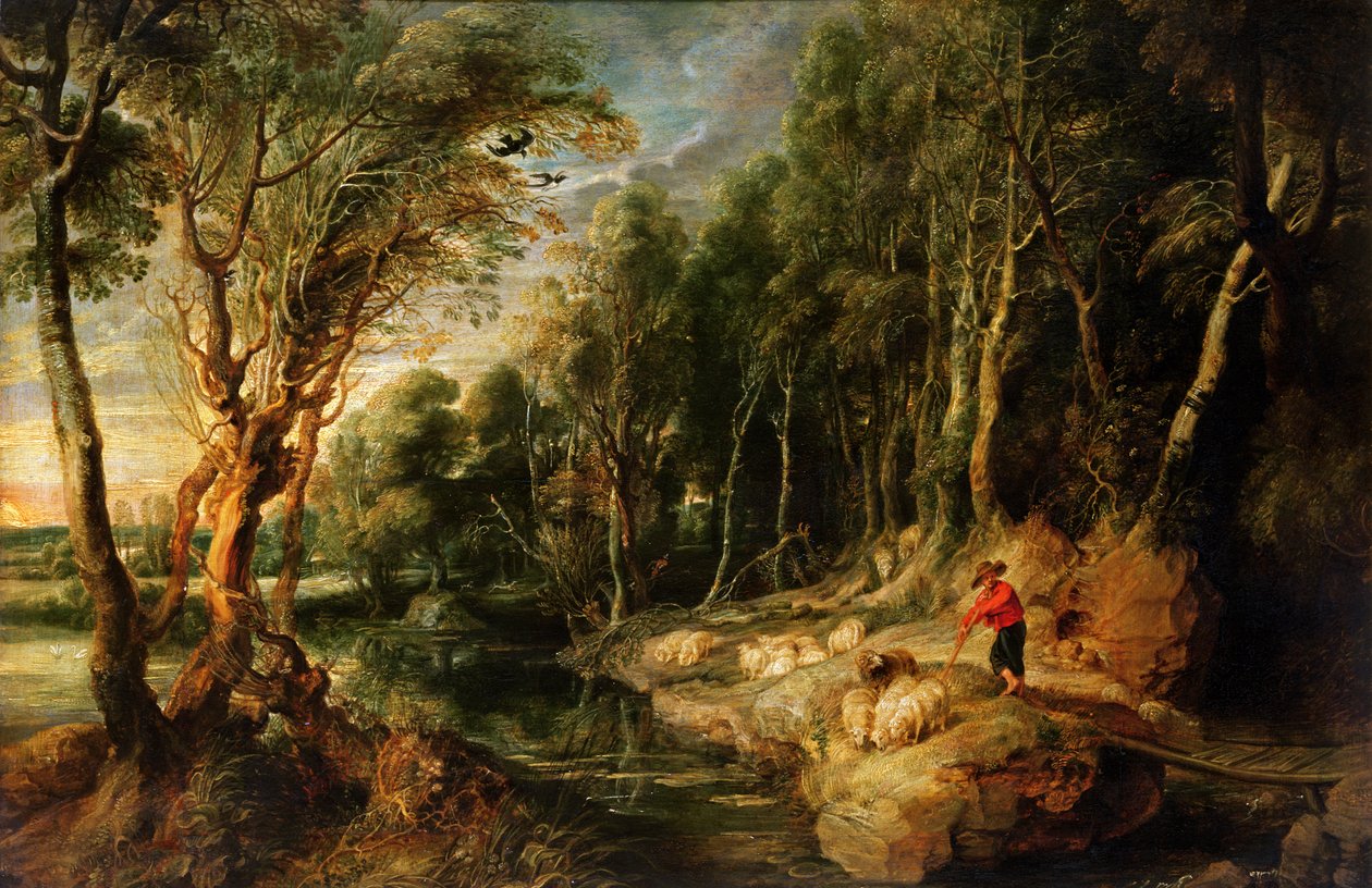 En herde med sin hjord i ett skogslandskap, ca 1615-22 (olja på ek) av Peter Paul Rubens