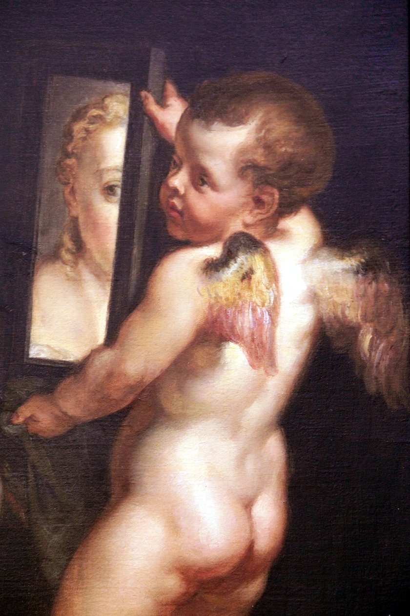 Amor som håller en spegel, detalj av oljan på duk Venus och Amor som håller en spegel av Peter Paul Rubens