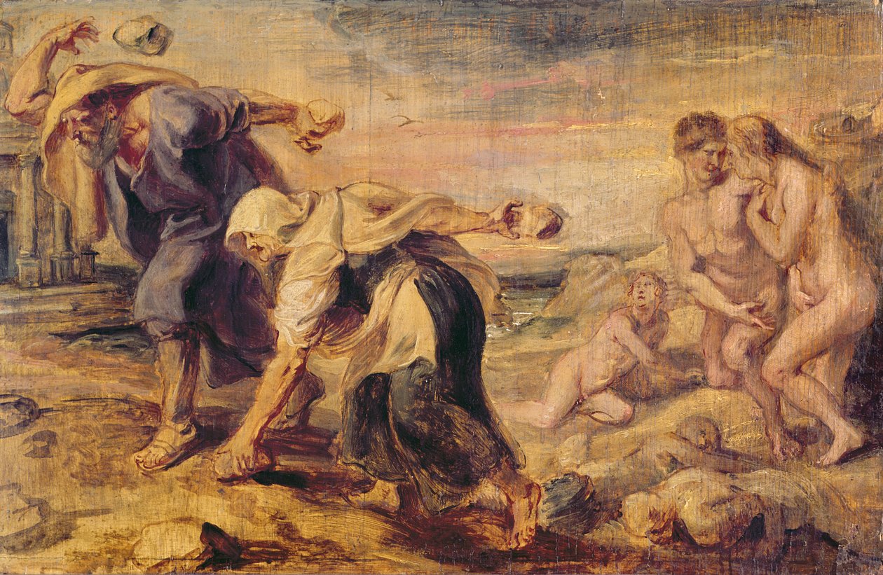 Deucalion och Pyrrha återupptar världen genom att kasta stenar bakom dem, ca 1636 av Peter Paul Rubens