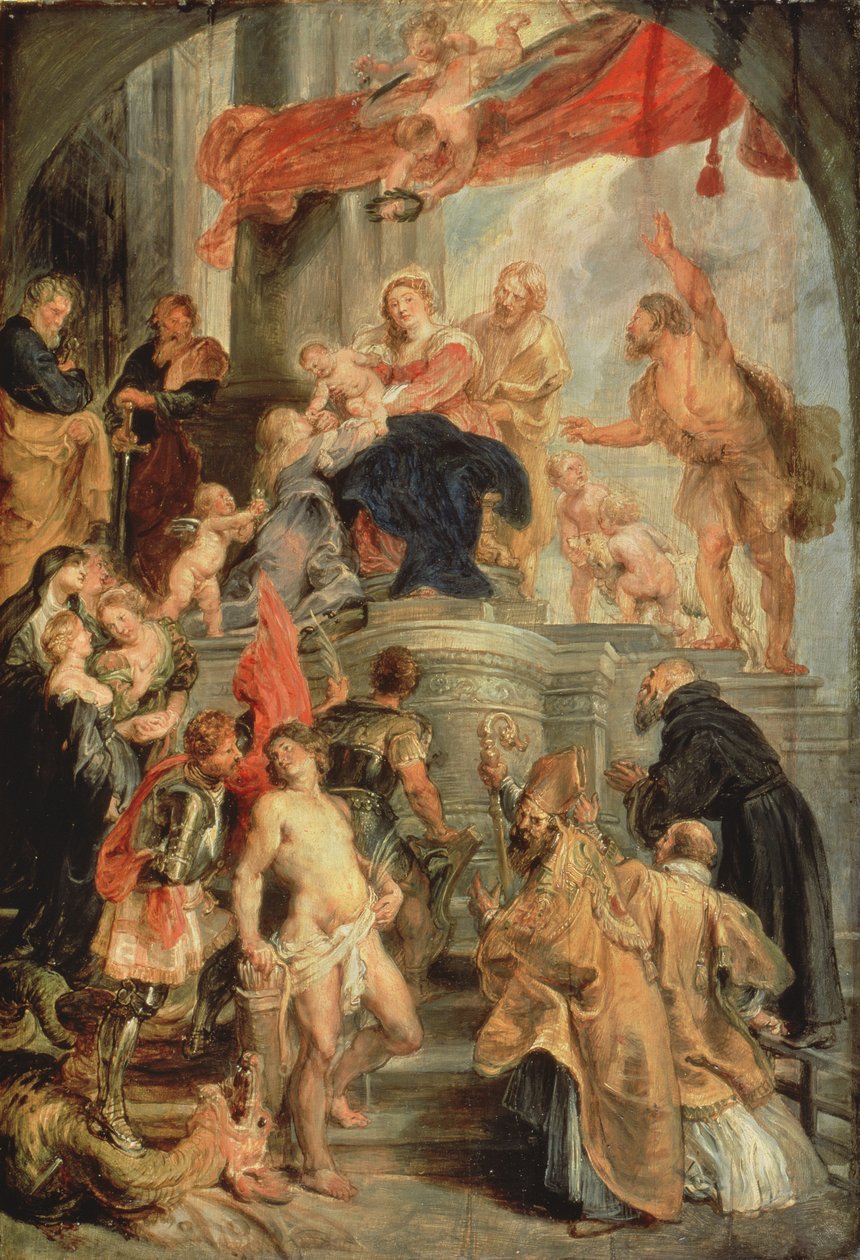 Madonna på tronen med barn, omringad av heliga, c.1627-28 av Peter Paul Rubens