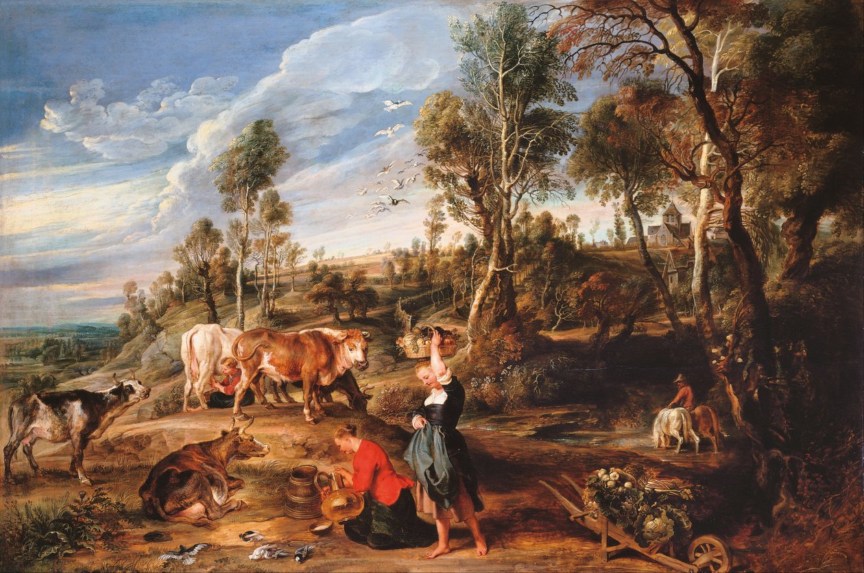 Milkmaids with Cattle in a Landscape, The Farm at Laken av Peter Paul Rubens