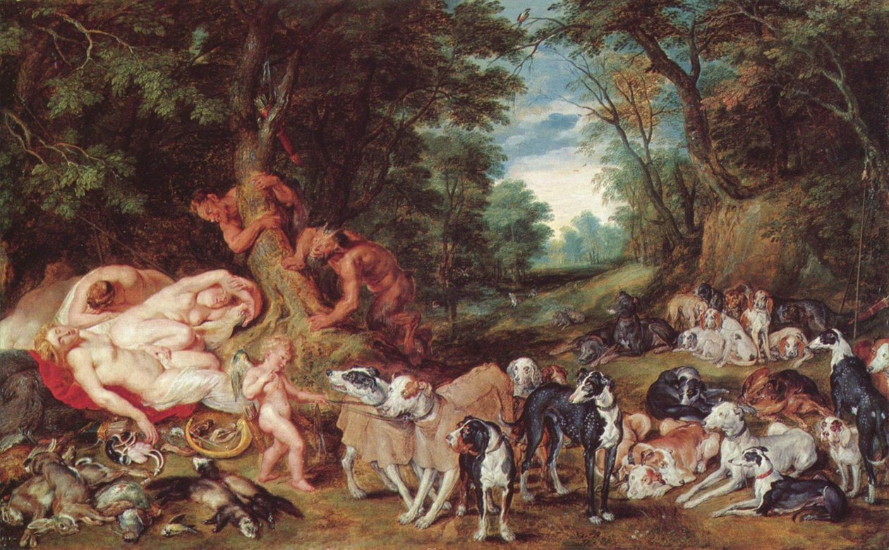 Nymphen, Satyrn und Hunde av Peter Paul Rubens