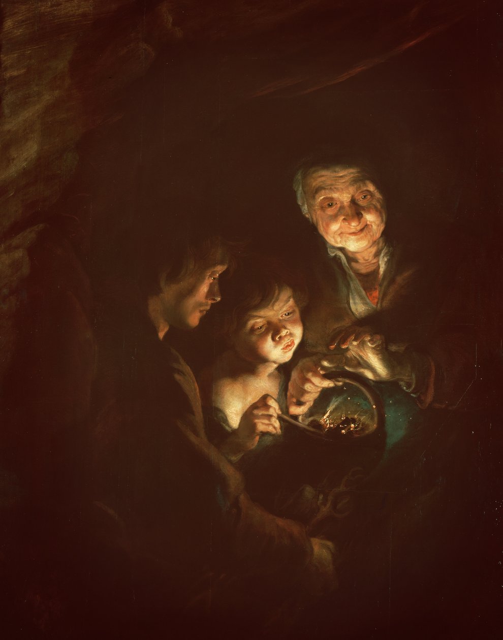 Gammal kvinna med en eldfat, ca 1616-20 (olja på trä) av Peter Paul Rubens