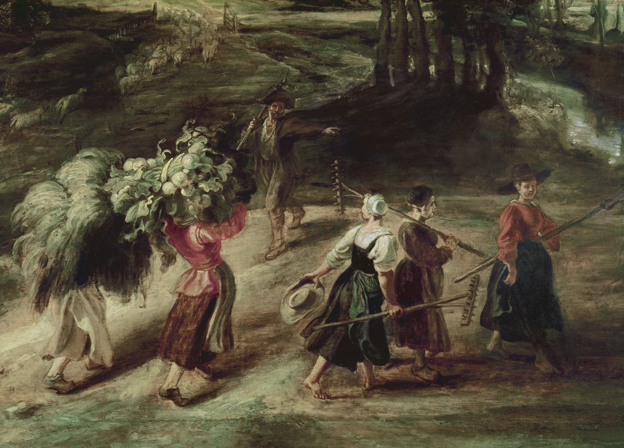 Bönder som återvänder från fälten, detalj av en grupp bondekvinnor i förgrunden, ca 1632-34 olja på panel av Peter Paul Rubens