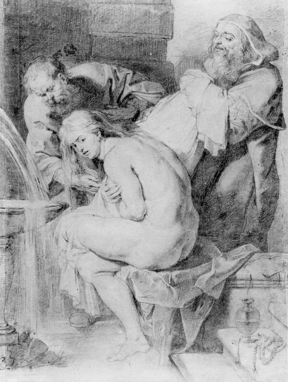 Susanna och de äldre, tecknad av Lucas Vorsterman, ca 1620 (krita, penna och bläck på papper) av Peter Paul Rubens