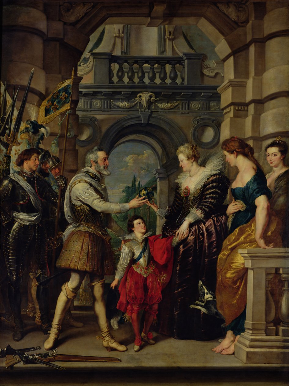 Medici-cykeln: Henri IV (1553-1610) lämnar för kriget i Tyskland och skänker regeringen i sitt rike till Marie de Medici (1573-1642) 20 mars 1610, 1621-25 av Peter Paul Rubens