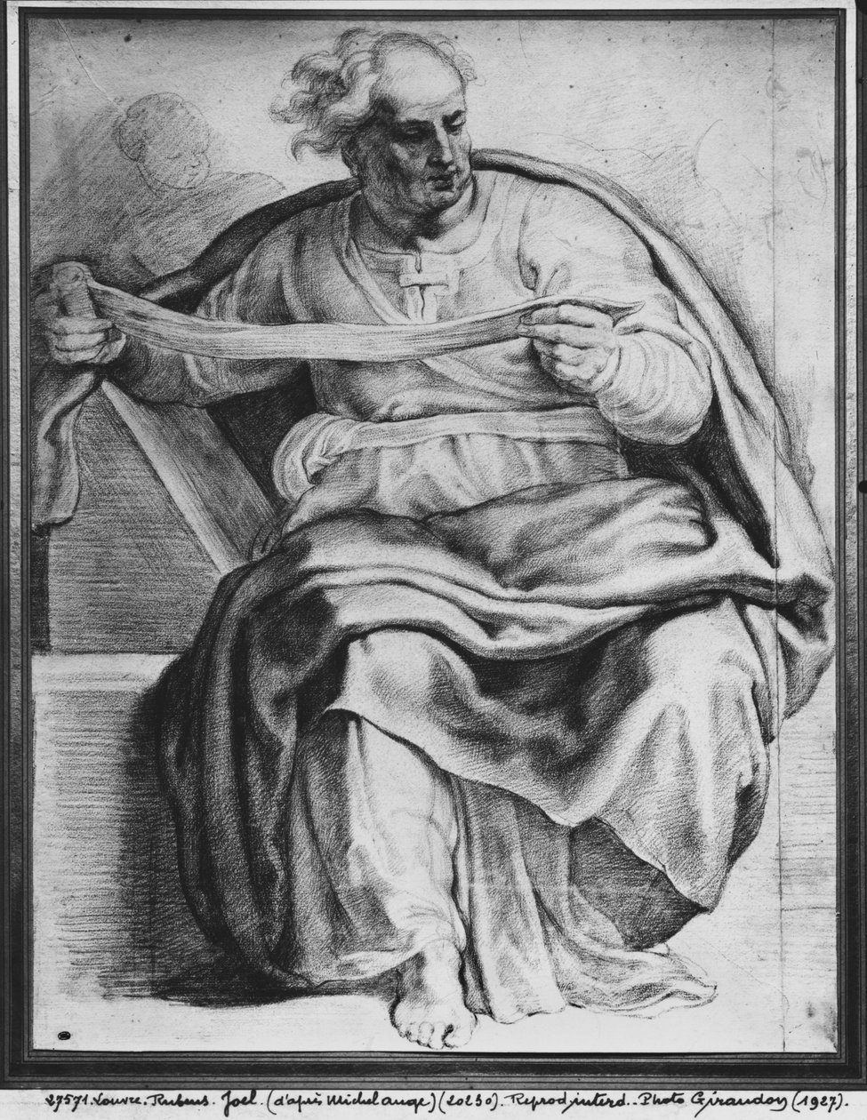 Profeten Joel, efter Michelangelo Buonarroti (pierre noire och röd krita på papper) av Peter Paul Rubens