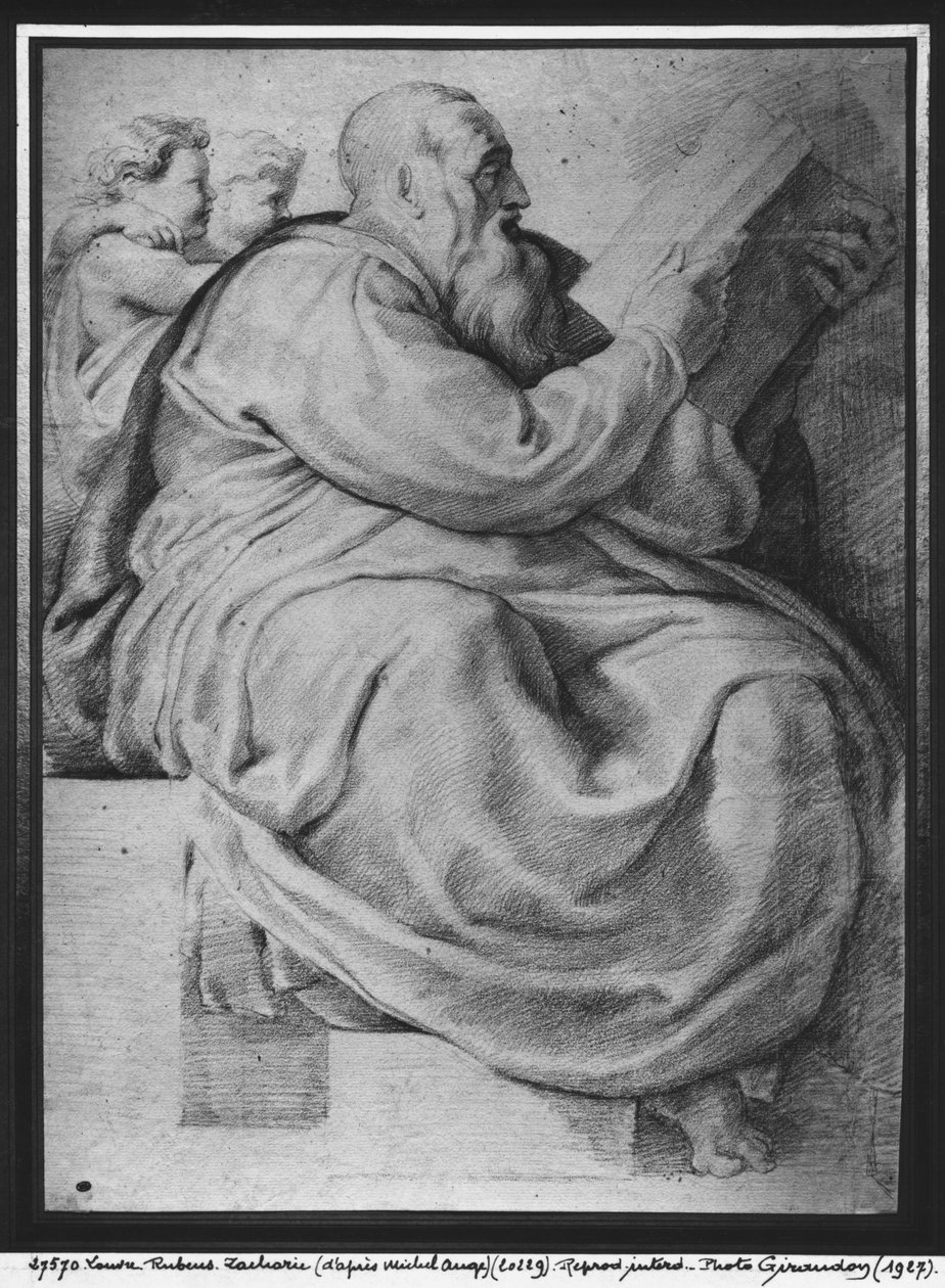 Profeten Zacharias, efter Michelangelo Buonarroti (1475-1564) (pierre noire och röd krita på papper) av Peter Paul Rubens